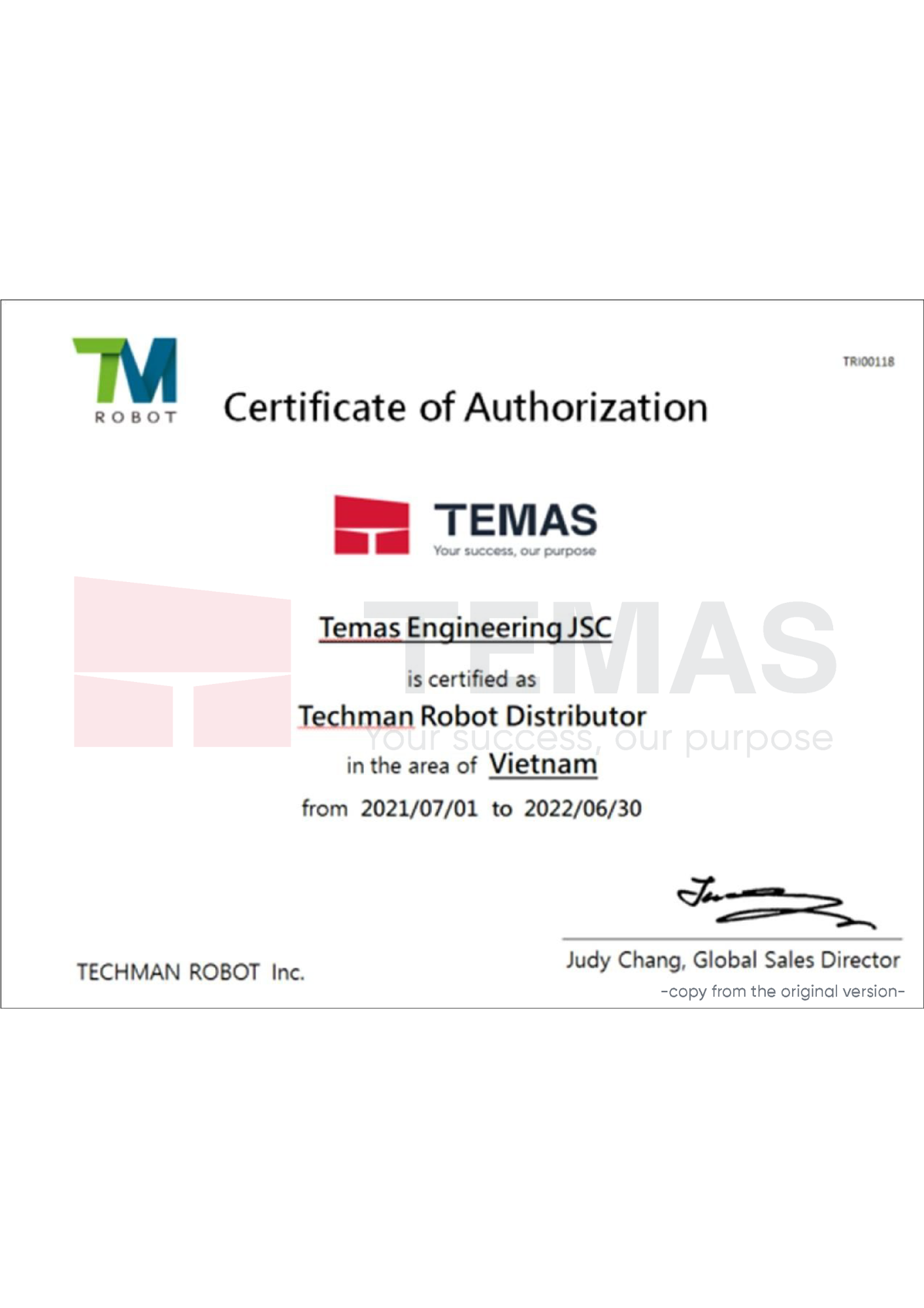 Techman [/br] Certificate of Authorized Distributor